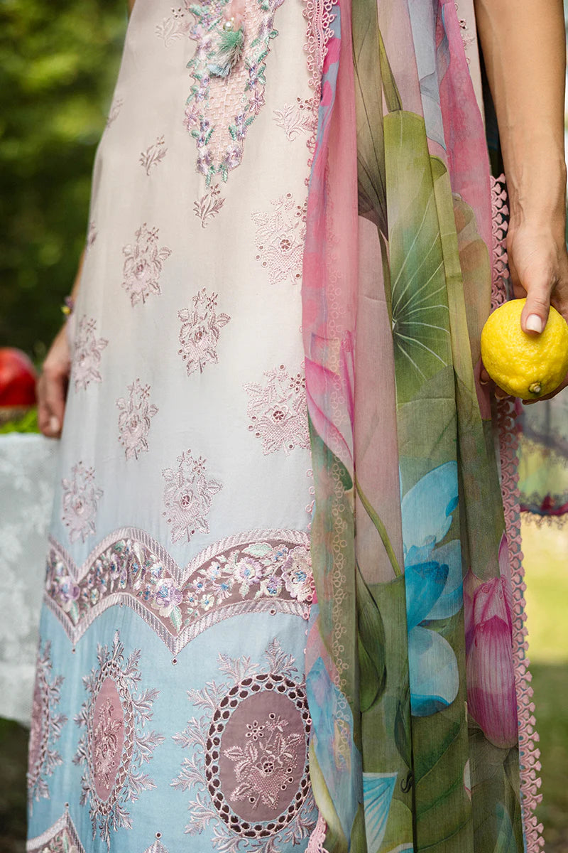 Model wearing pastel pink and sky blue Sorriso dress from Mushq Solace Ombre Chikankari, Pakistani Luxury pret, Pakistani clothes online in UK.