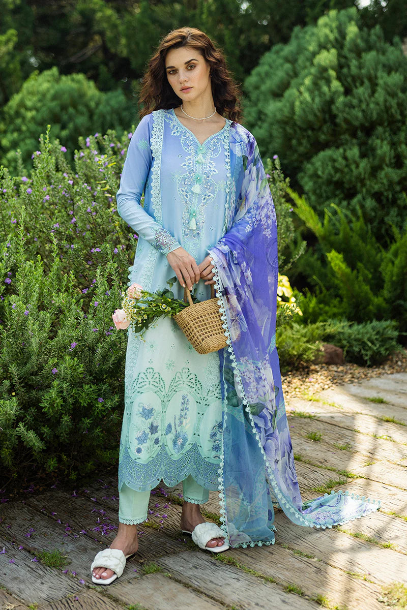 Model wearing ombre mint and blue Fiducia dress from Mushq Solace Ombre Chikankari, Pakistani Luxury pret, Pakistani clothes online in UK.
