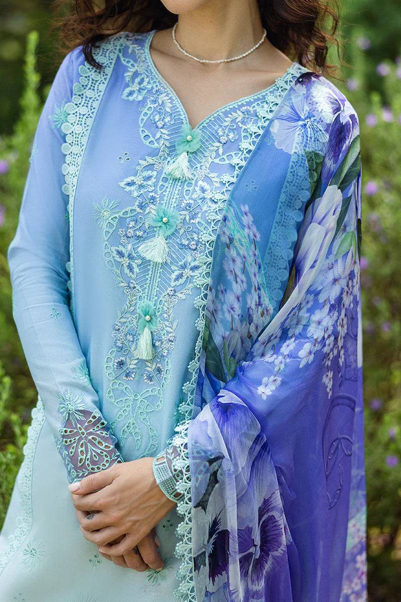 Model wearing ombre mint and blue Fiducia dress from Mushq Solace Ombre Chikankari, Pakistani Luxury pret, Pakistani clothes online in UK.