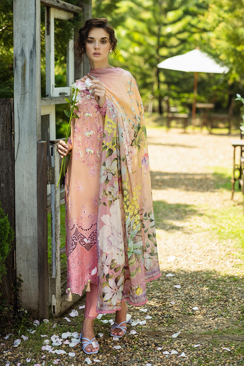 Model wearing peach and pink Risate dress from Mushq Solace Ombre Chikankari, Pakistani Luxury pret, Pakistani clothes online in UK.