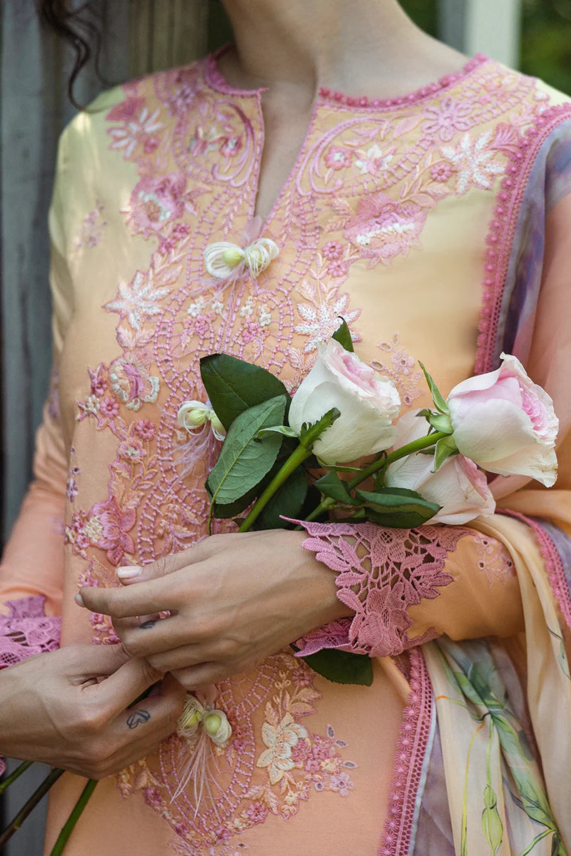Model wearing peach and pink Risate dress from Mushq Solace Ombre Chikankari, Pakistani Luxury pret, Pakistani clothes online in UK.