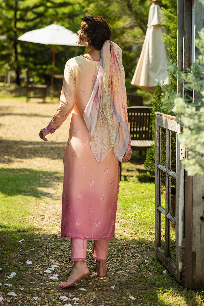 Model wearing peach and pink Risate dress from Mushq Solace Ombre Chikankari, Pakistani Luxury pret, Pakistani clothes online in UK.