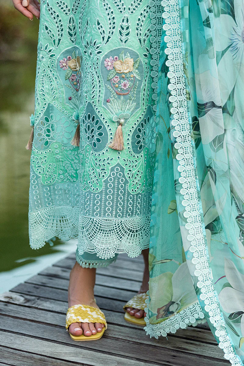 Model wearing mint green Famiglia dress from Mushq Solace Ombre Chikankari, Pakistani Luxury pret, Sana Safinaz inspired, Pakistani clothes online in UK.