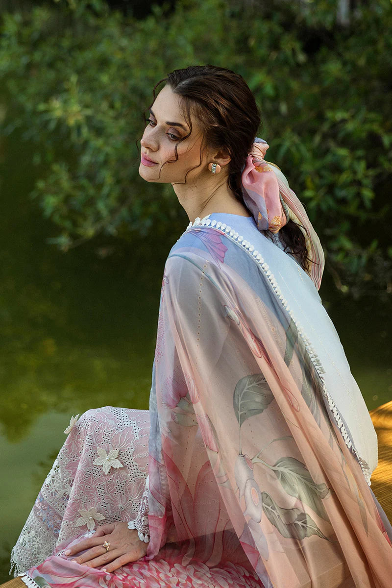 Model wearing ombre white and pastel pink Purezza dress from Mushq Solace Ombre Chikankari, Pakistani Luxury pret, Pakistani clothes online in UK.
