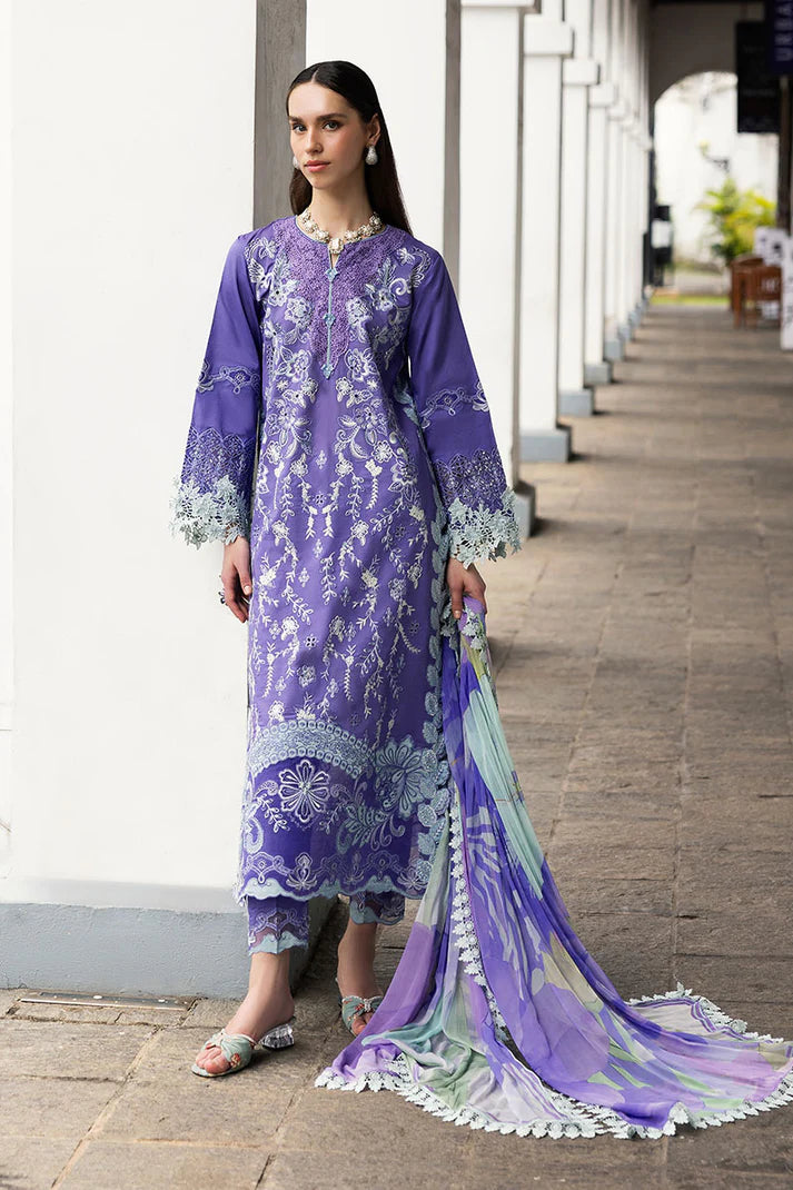 Model wearing purple embroidered dress with mint accents from Mushq Manaram Luxury Lawn '25 Luminous Essence, Pakistani clothes online in UK.