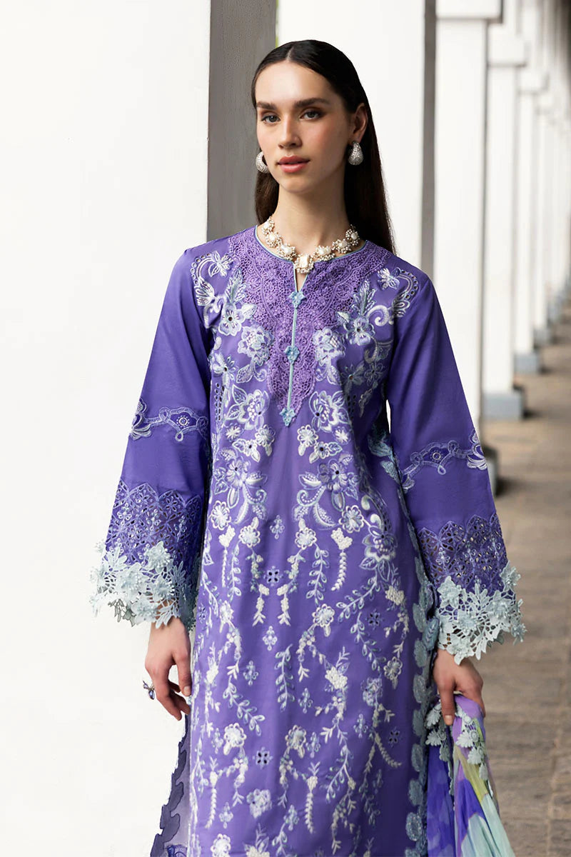 Model wearing purple embroidered dress with mint accents from Mushq Manaram Luxury Lawn '25 Luminous Essence, Pakistani clothes online in UK.