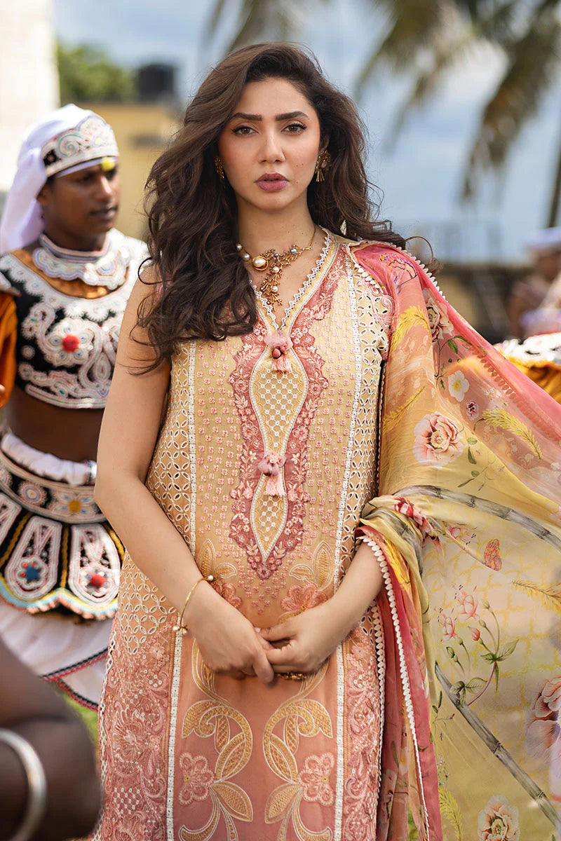 Model wearing sleeveless peach and pink embroidered dress from Mushq Manaram Luxury Lawn '25 Tranquil Spark, Pakistani clothes online in UK.