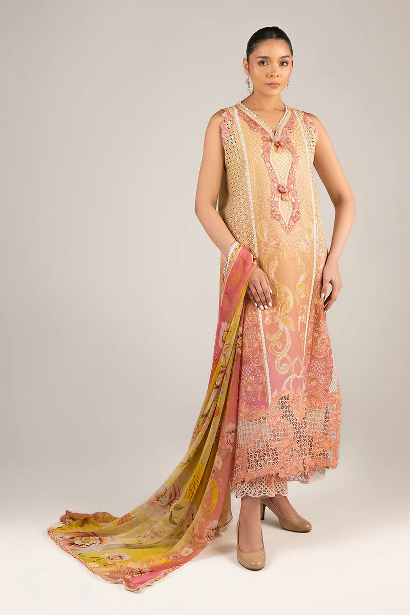 Model wearing sleeveless peach and pink embroidered dress from Mushq Manaram Luxury Lawn '25 Tranquil Spark, Pakistani clothes online in UK.