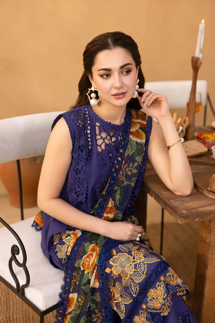 Model wearing deep purple embroidered dress from Saira Rizwan Luxury Lawn '25 AIMEE-SRL25-01, Pakistani Luxury pret online in UK.