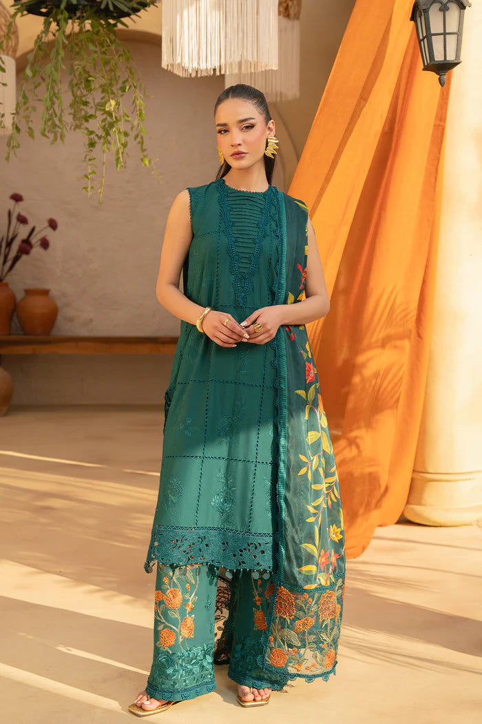 Model wearing emerald green embroidered dress with floral printed dupatta from Saira Rizwan, Pakistani luxury pret, Pakistani clothes online in UK.