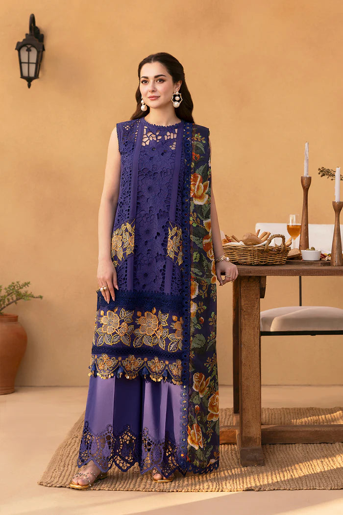 Model wearing deep purple embroidered dress from Saira Rizwan Luxury Lawn '25 AIMEE-SRL25-01, Pakistani Luxury pret online in UK.