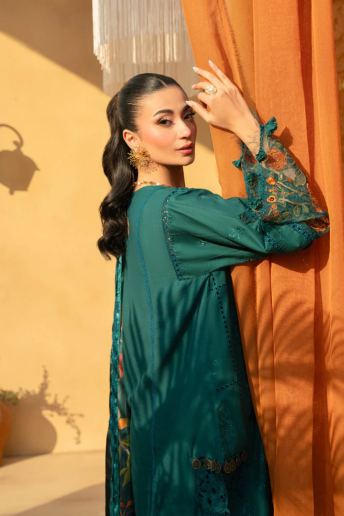 Model wearing emerald green embroidered dress with floral printed dupatta from Saira Rizwan, Pakistani luxury pret, Pakistani clothes online in UK.