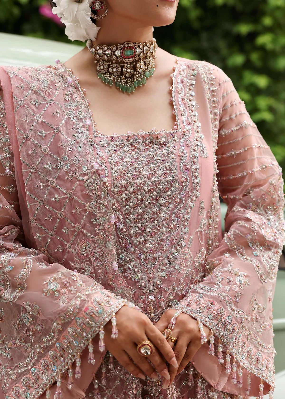 Model wearing Huriya by Kanwal Malik in black heavily embroidered outfit – Pakistani luxury pret available online in UK for festive wear.