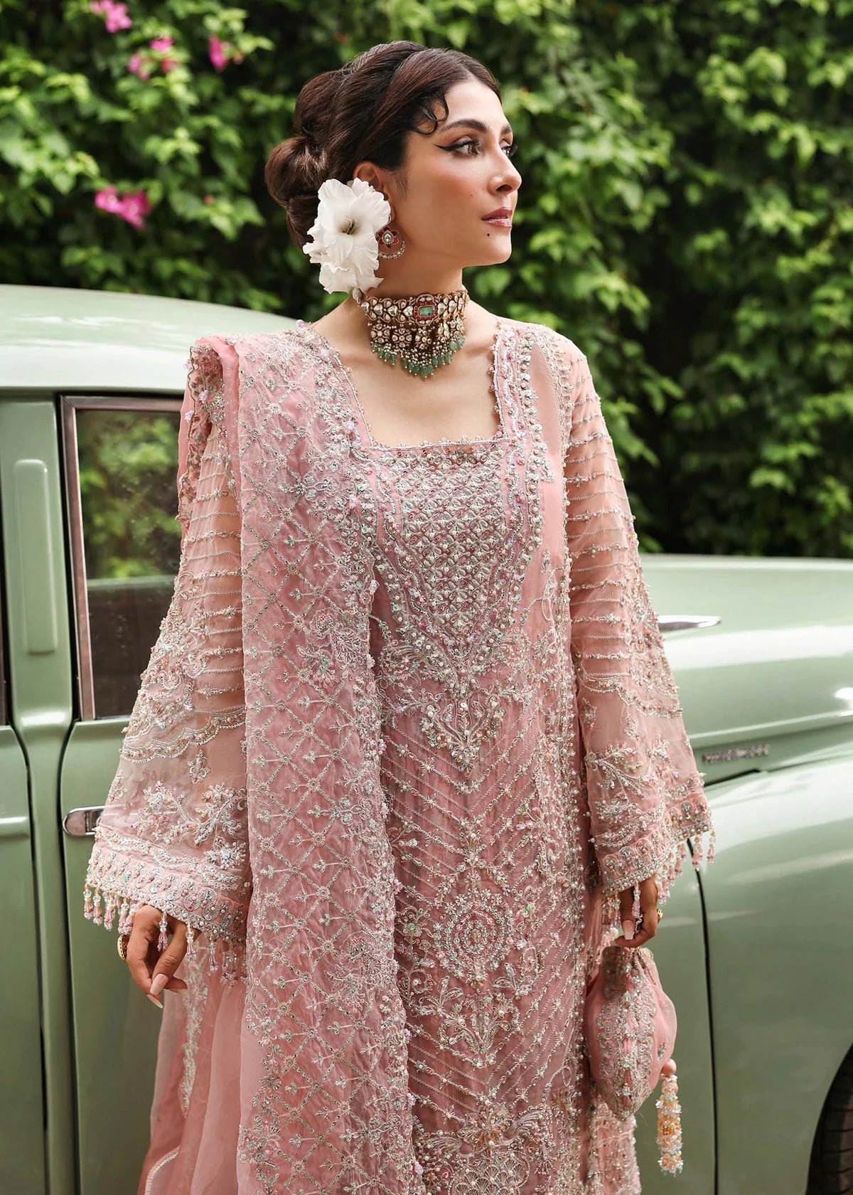 Model wearing Huriya by Kanwal Malik in black heavily embroidered outfit – Pakistani luxury pret available online in UK for festive wear.
