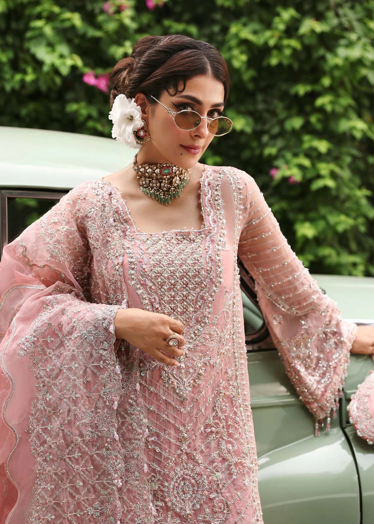 Model wearing Huriya by Kanwal Malik in black heavily embroidered outfit – Pakistani luxury pret available online in UK for festive wear.