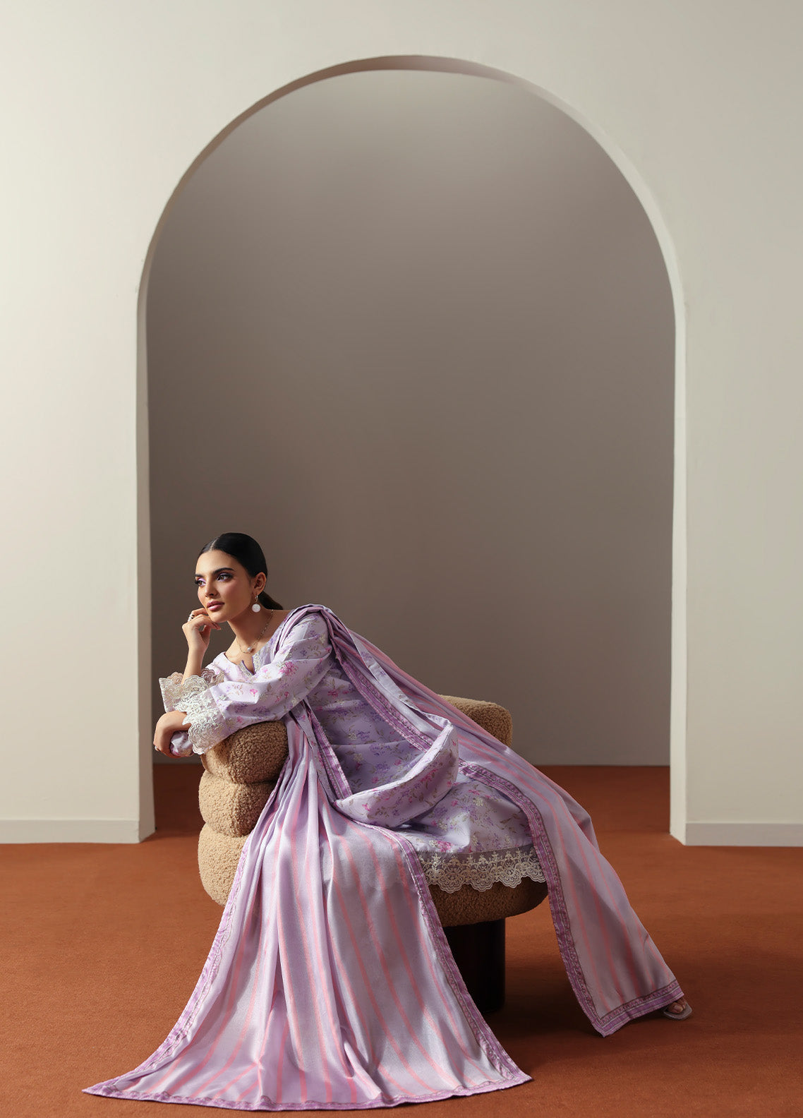 Model wearing Quince from Gulaal in a soft lavender printed co-ord set with lace detailing and striped dupatta, perfect for Pakistani luxury pret in the UK.