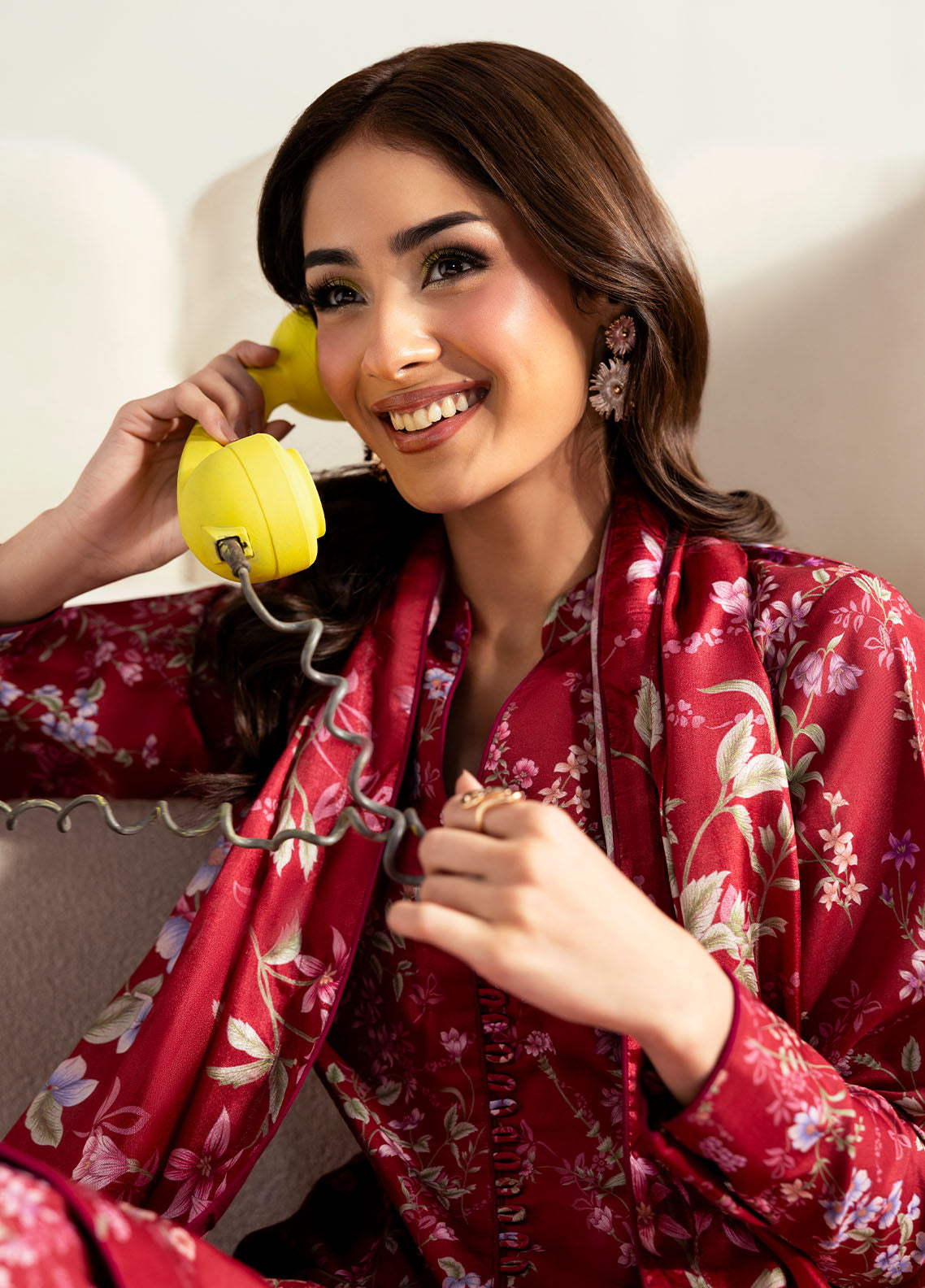 Model wearing deep red floral printed outfit from Gulaal Basics | Aster, perfect Pakistani luxury pret for Pakistani clothes online in UK.