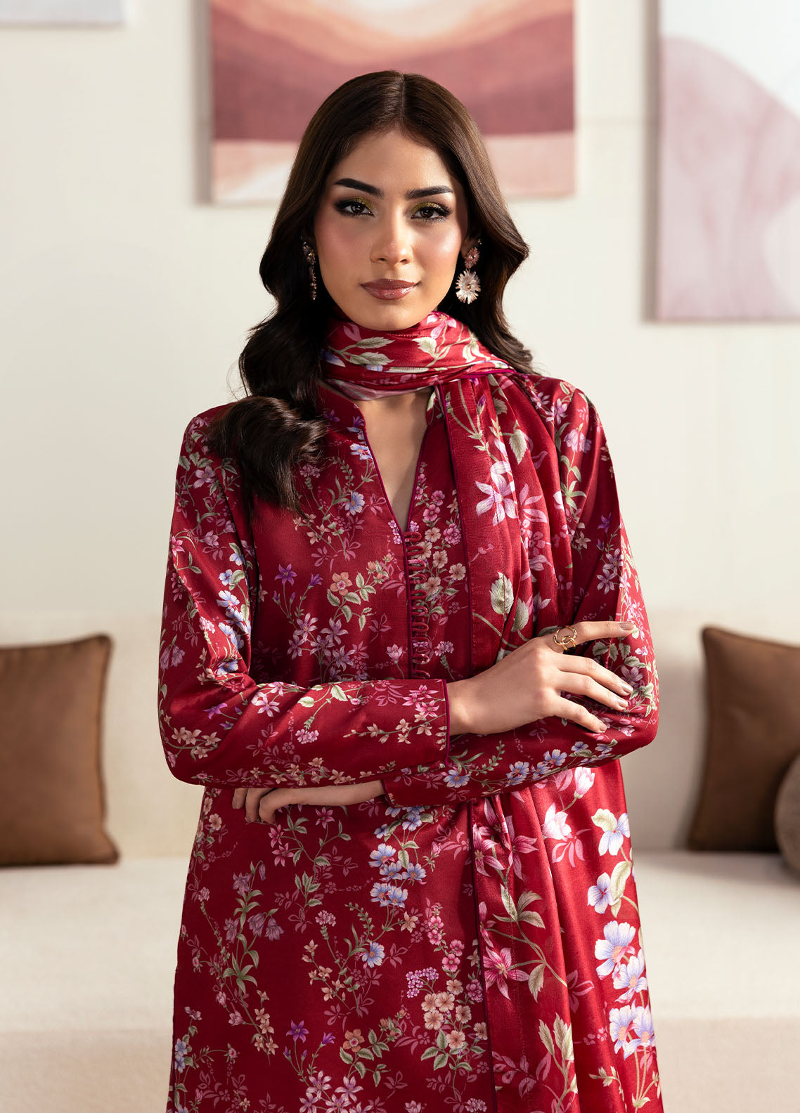 Model wearing deep red floral printed outfit from Gulaal Basics | Aster, perfect Pakistani luxury pret for Pakistani clothes online in UK.