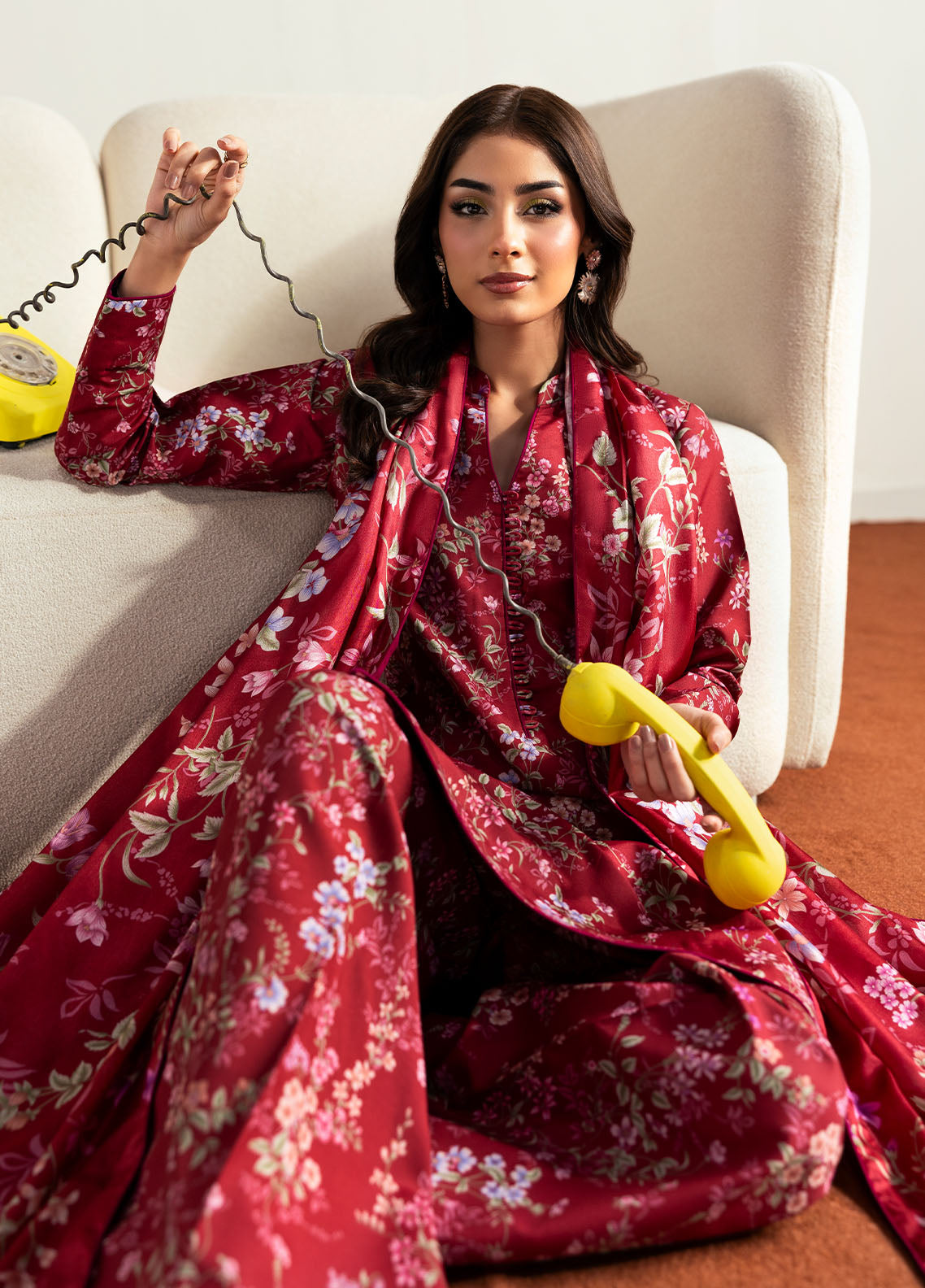 Model wearing deep red floral printed outfit from Gulaal Basics | Aster, perfect Pakistani luxury pret for Pakistani clothes online in UK.