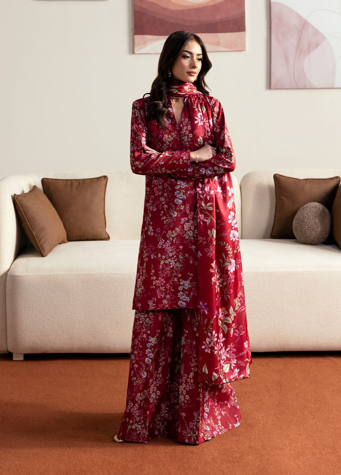 Model wearing deep red floral printed outfit from Gulaal Basics | Aster, perfect Pakistani luxury pret for Pakistani clothes online in UK.