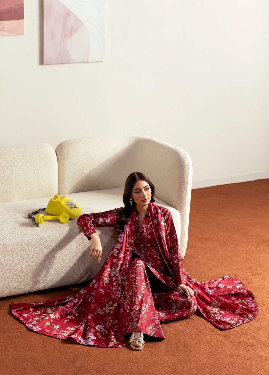 Model wearing deep red floral printed outfit from Gulaal Basics | Aster, perfect Pakistani luxury pret for Pakistani clothes online in UK.