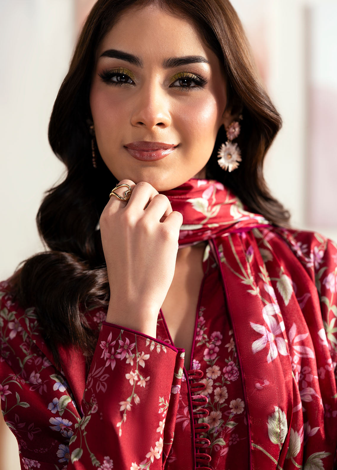 Model wearing deep red floral printed outfit from Gulaal Basics | Aster, perfect Pakistani luxury pret for Pakistani clothes online in UK.