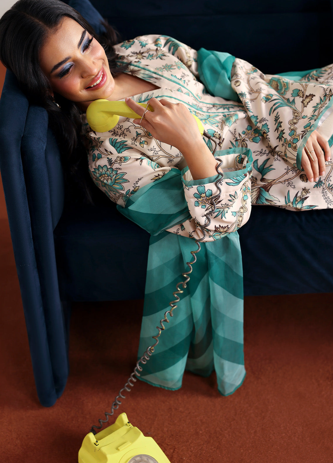 Model wearing meadowe from Gulaal in a beige printed co-ord set with teal floral design and matching dupatta, ideal for Pakistani luxury pret in the UK.
