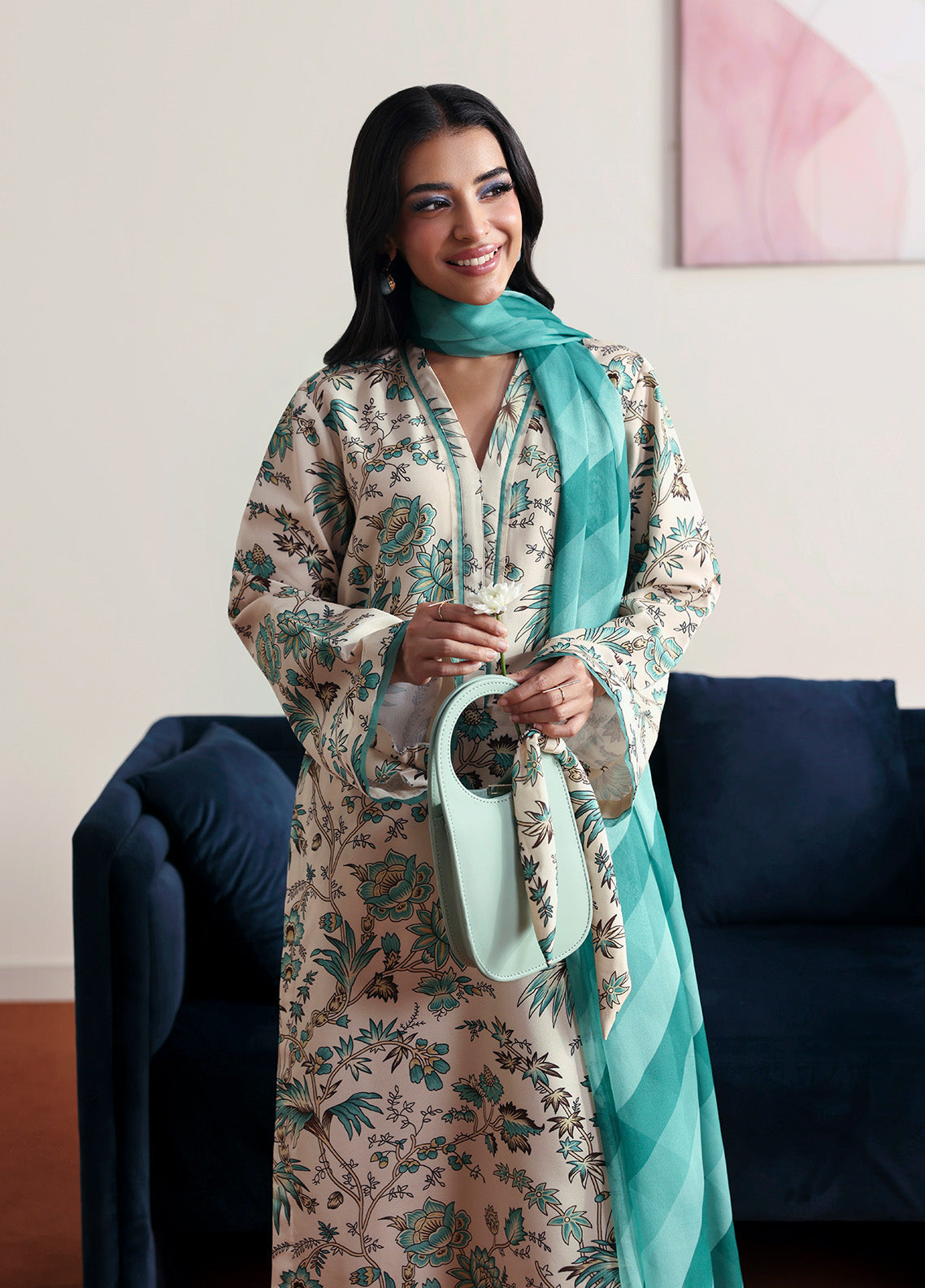 Model wearing meadowe from Gulaal in a beige printed co-ord set with teal floral design and matching dupatta, ideal for Pakistani luxury pret in the UK.