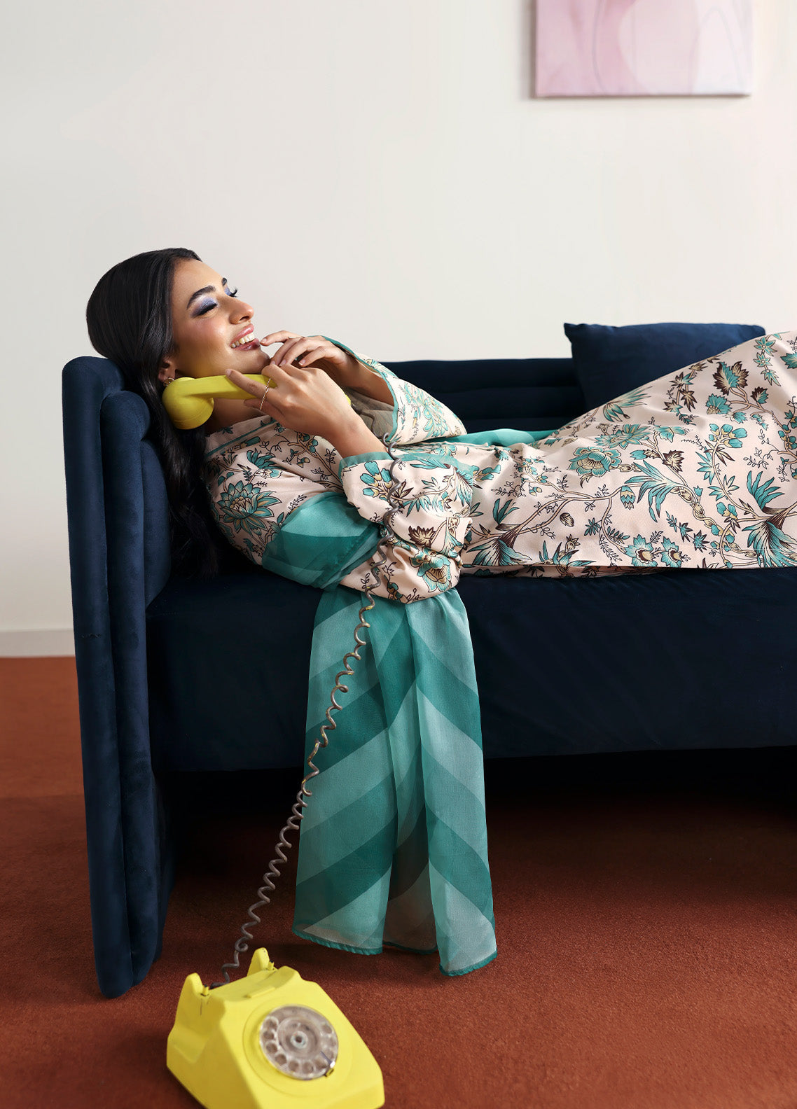 Model wearing meadowe from Gulaal in a beige printed co-ord set with teal floral design and matching dupatta, ideal for Pakistani luxury pret in the UK.