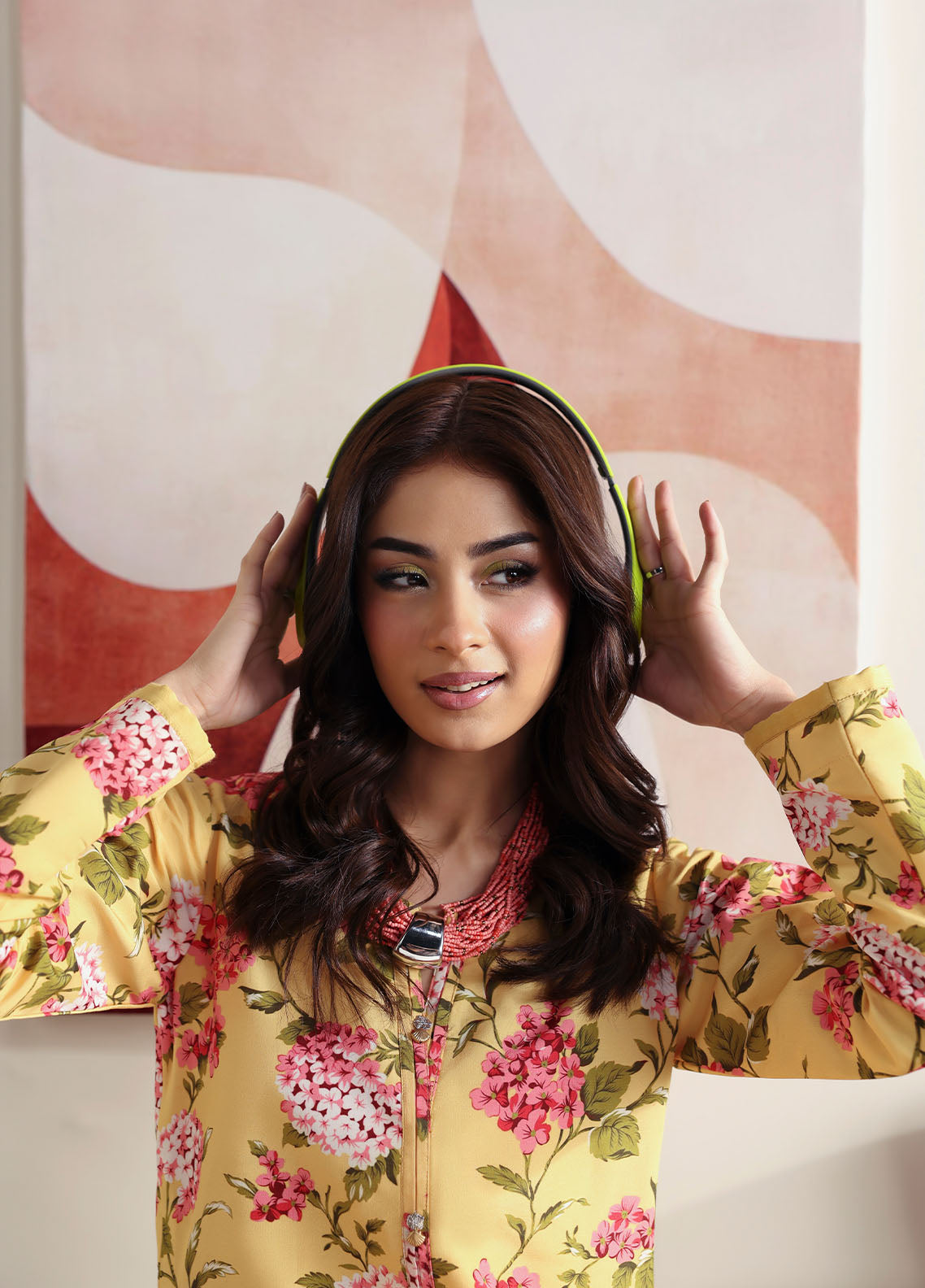 Model wearing yellow floral printed outfit from Gulaal Basics | Honey Dew, Pakistani luxury pret ideal for Pakistani clothes online in UK.