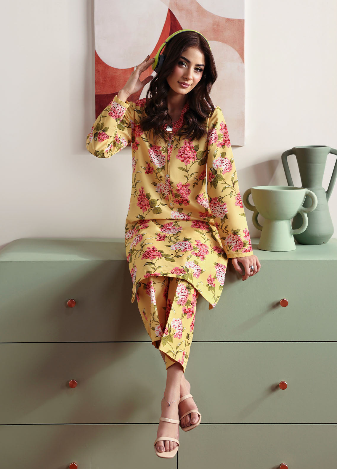 Model wearing yellow floral printed outfit from Gulaal Basics | Honey Dew, Pakistani luxury pret ideal for Pakistani clothes online in UK.