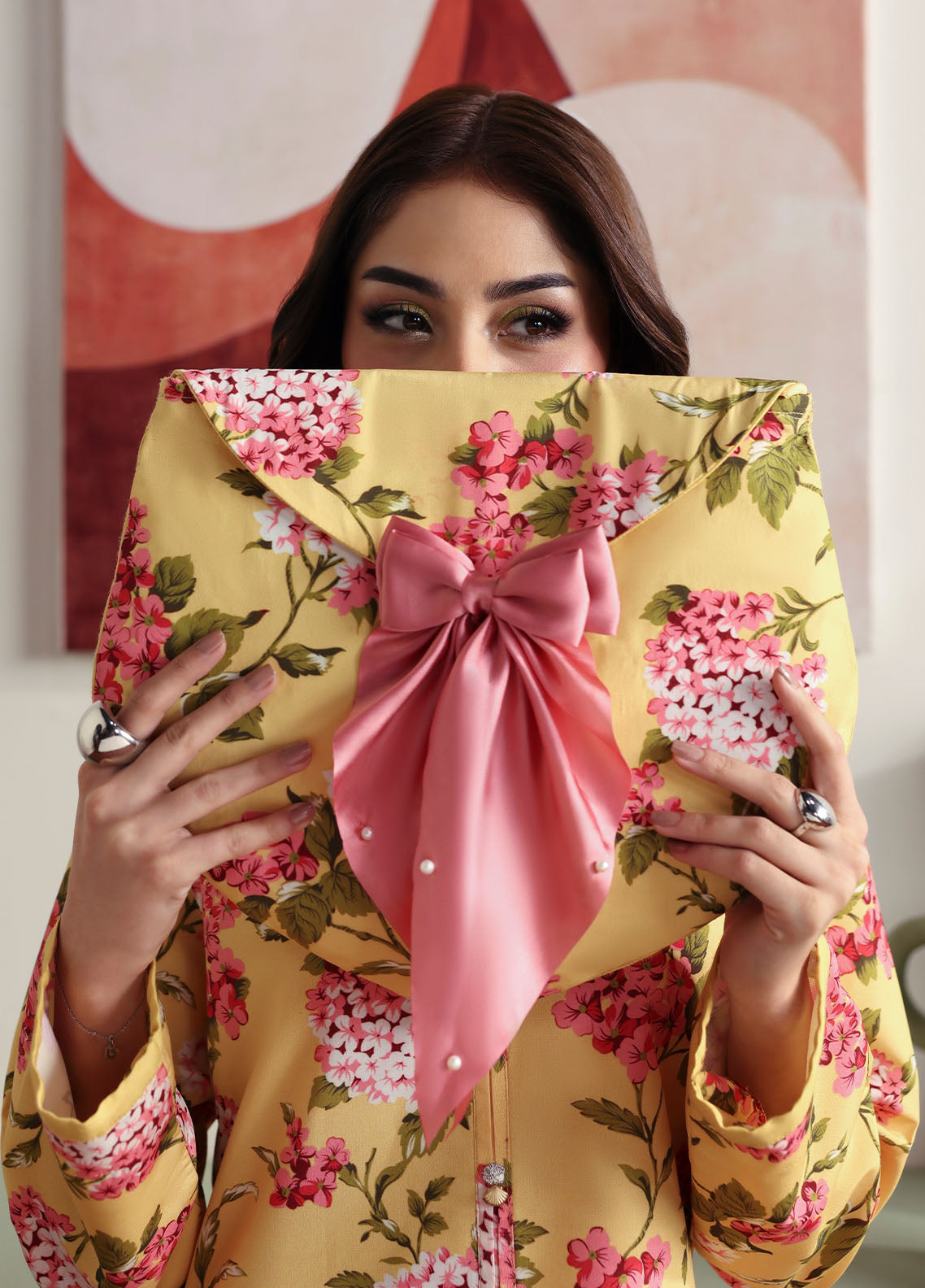 Model wearing yellow floral printed outfit from Gulaal Basics | Honey Dew, Pakistani luxury pret ideal for Pakistani clothes online in UK.