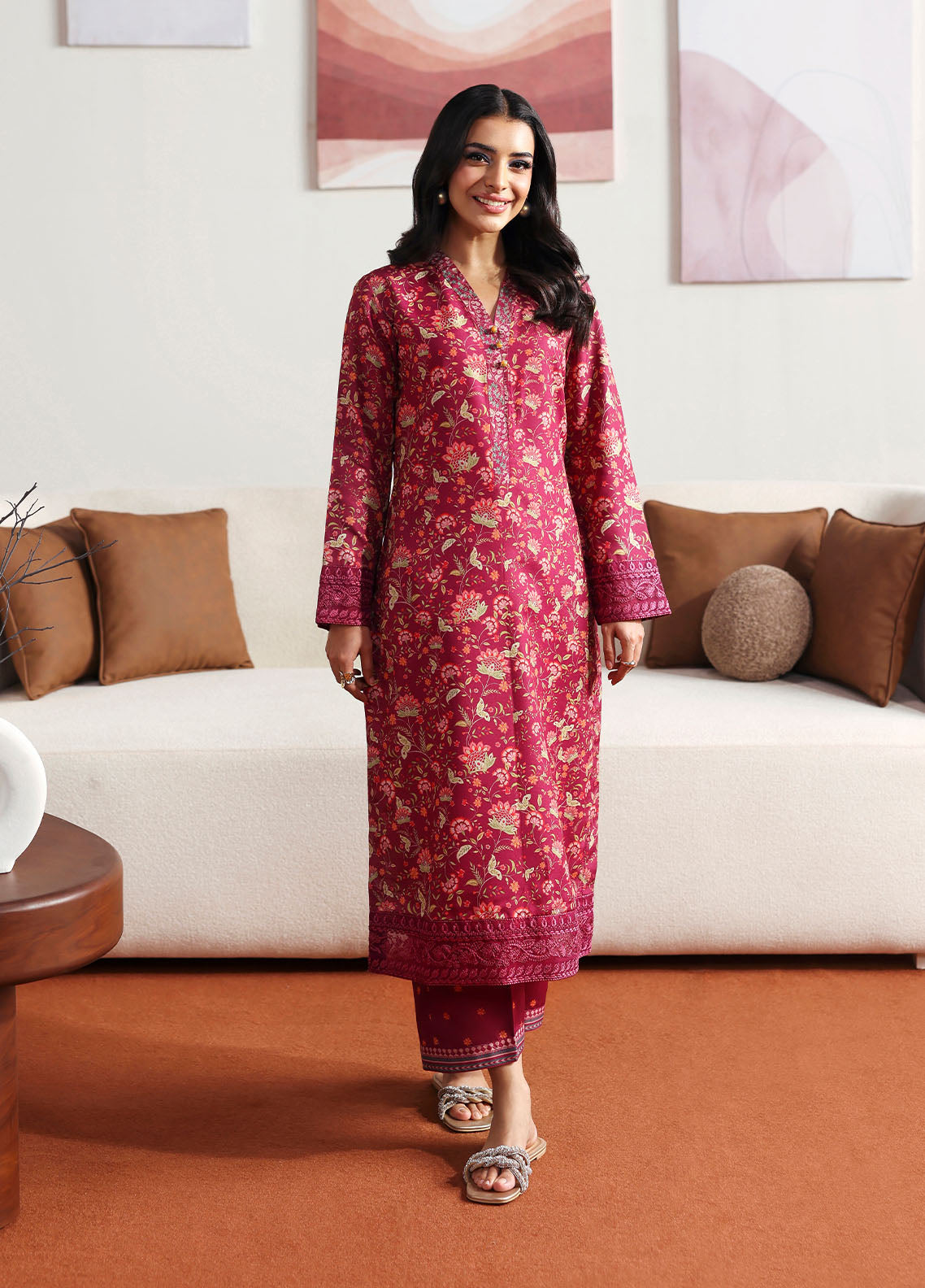 Model wearing deep red floral printed outfit from Gulaal Basics | Cerise, Pakistani luxury pret perfect for Pakistani clothes online in UK.