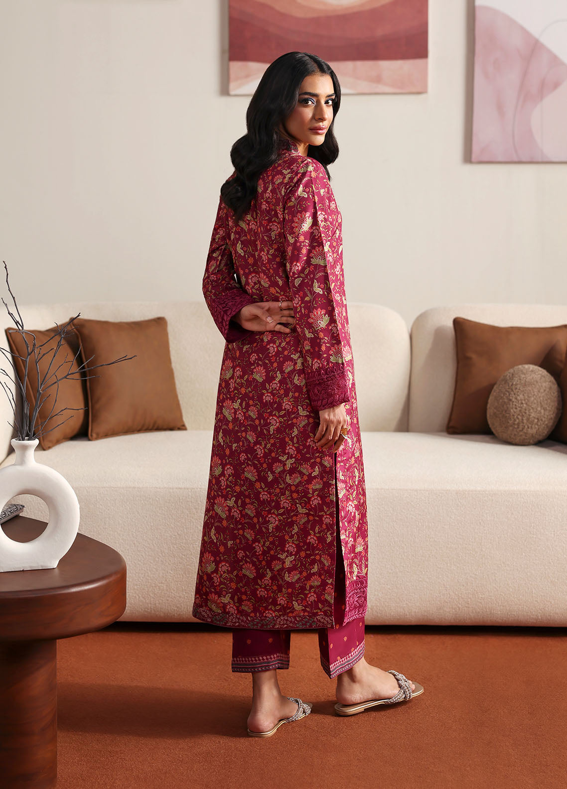 Model wearing deep red floral printed outfit from Gulaal Basics | Cerise, Pakistani luxury pret perfect for Pakistani clothes online in UK.