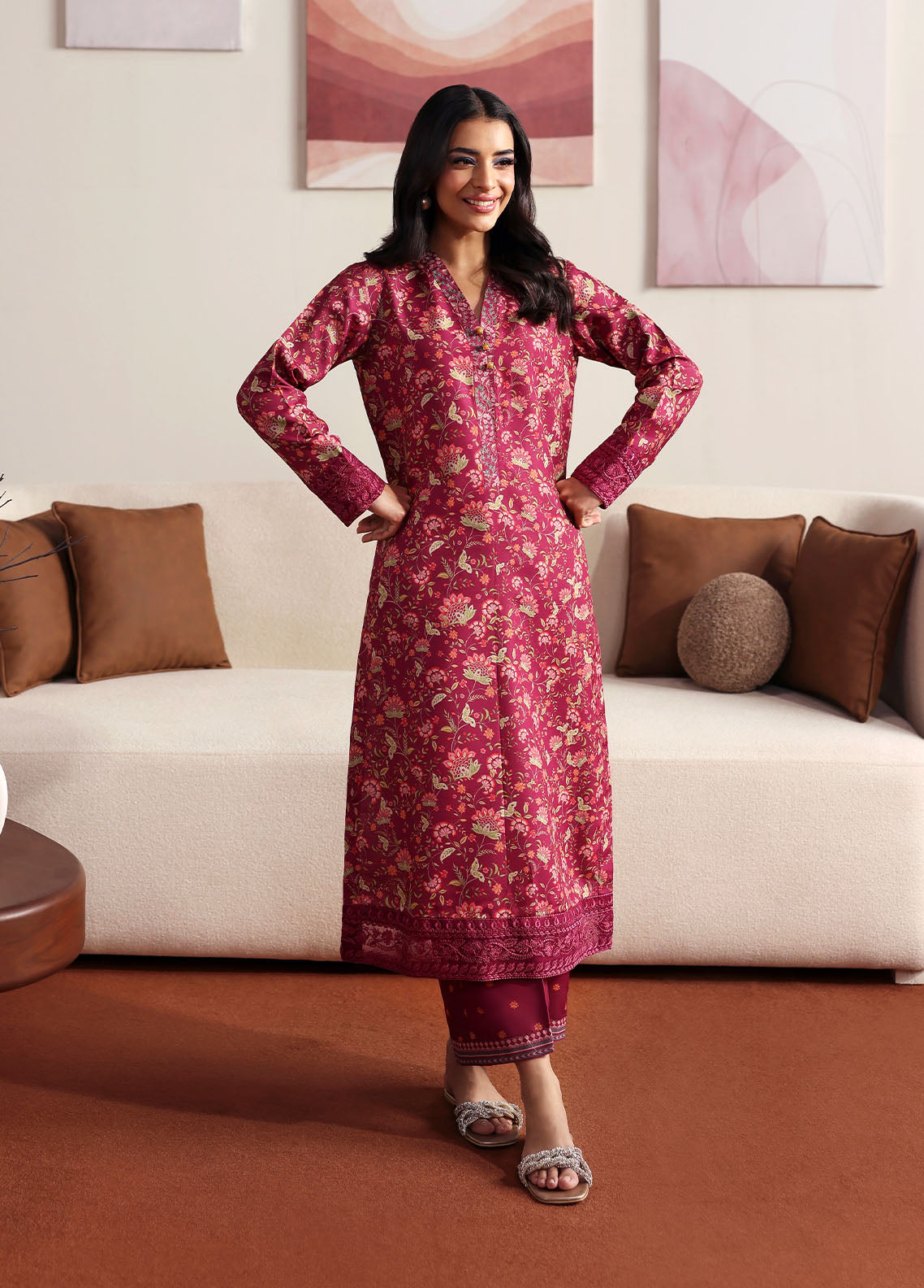 Model wearing deep red floral printed outfit from Gulaal Basics | Cerise, Pakistani luxury pret perfect for Pakistani clothes online in UK.