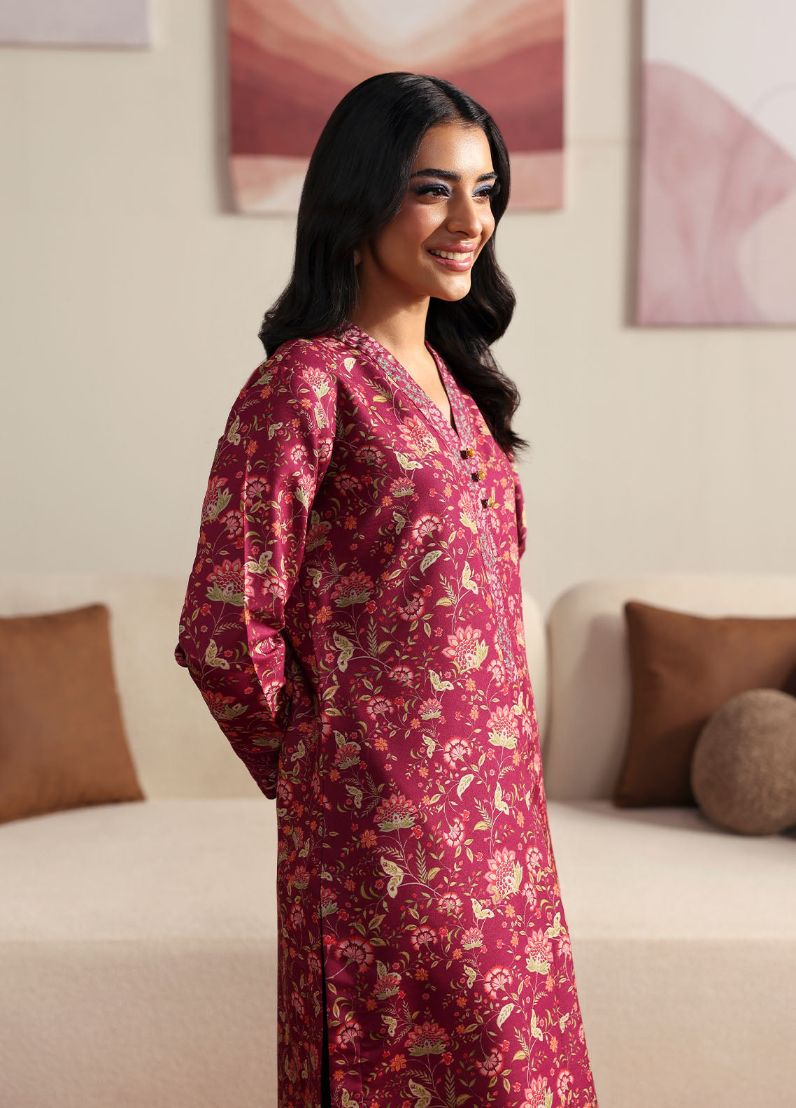 Model wearing deep red floral printed outfit from Gulaal Basics | Cerise, Pakistani luxury pret perfect for Pakistani clothes online in UK.