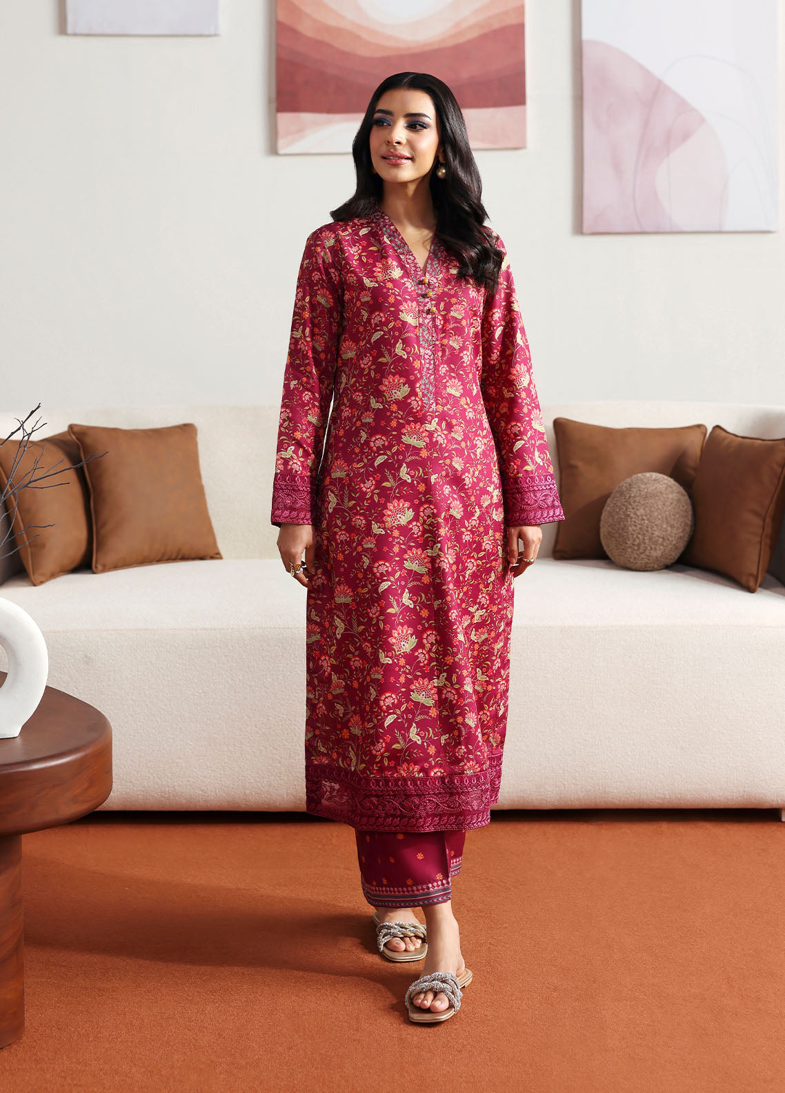 Model wearing deep red floral printed outfit from Gulaal Basics | Cerise, Pakistani luxury pret perfect for Pakistani clothes online in UK.