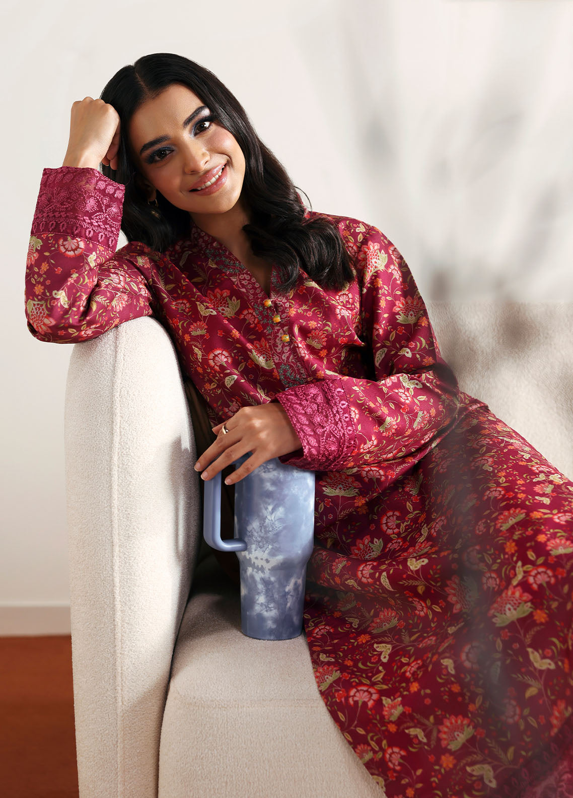 Model wearing deep red floral printed outfit from Gulaal Basics | Cerise, Pakistani luxury pret perfect for Pakistani clothes online in UK.