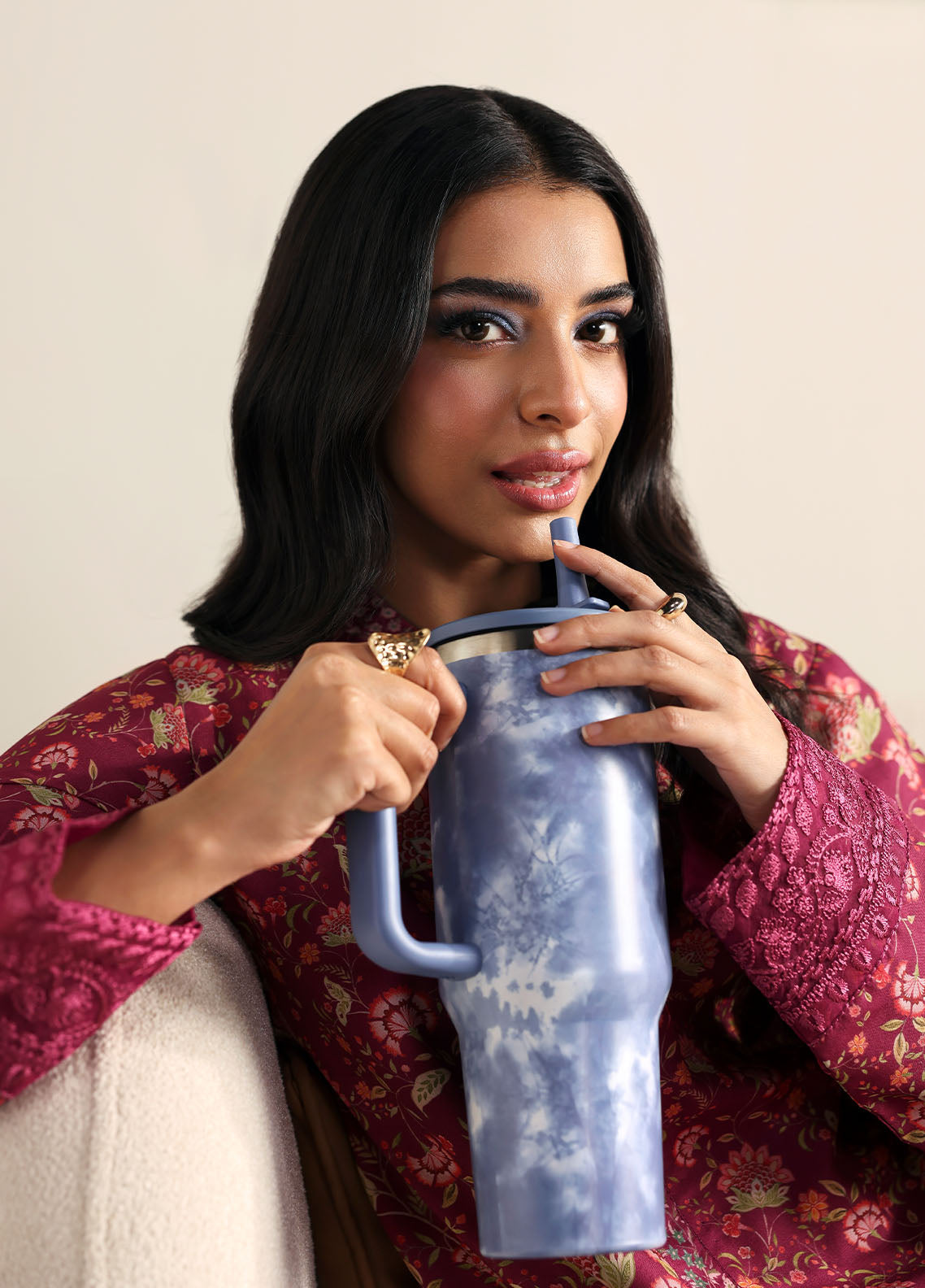 Model wearing deep red floral printed outfit from Gulaal Basics | Cerise, Pakistani luxury pret perfect for Pakistani clothes online in UK.