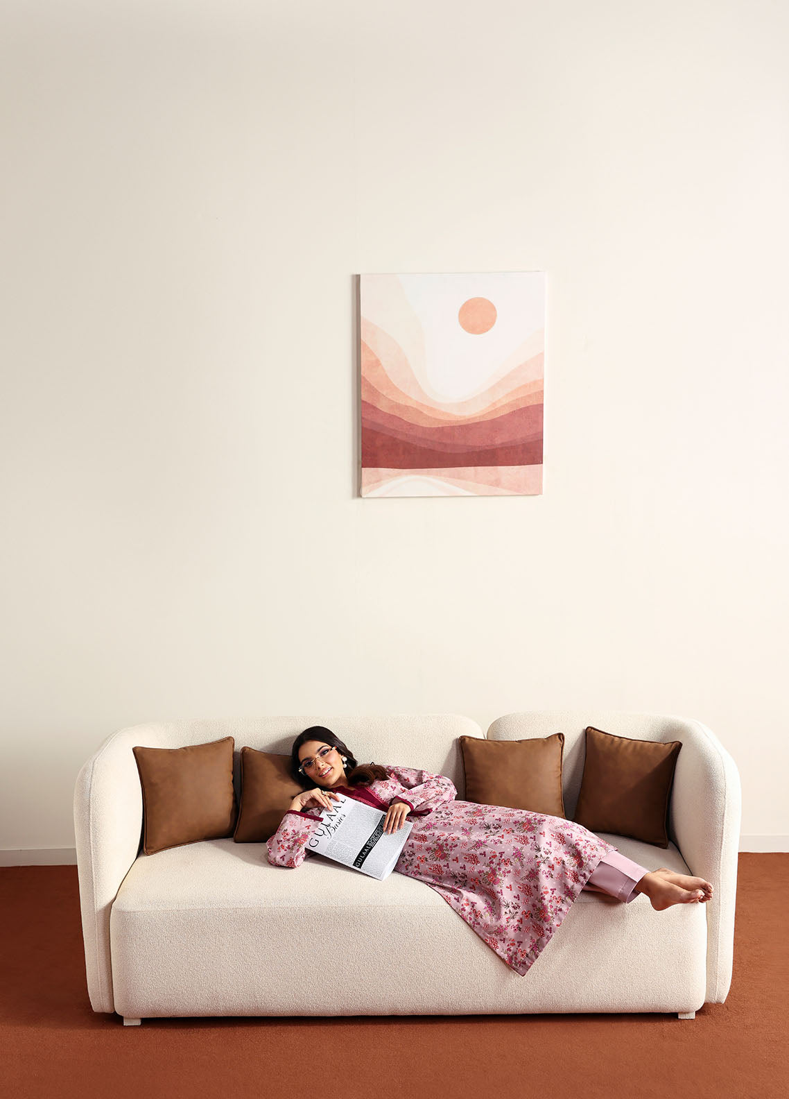 Model wearing pink floral printed outfit from Gulaal Basics | Blossom, Pakistani luxury pret for Pakistani clothes online in UK.