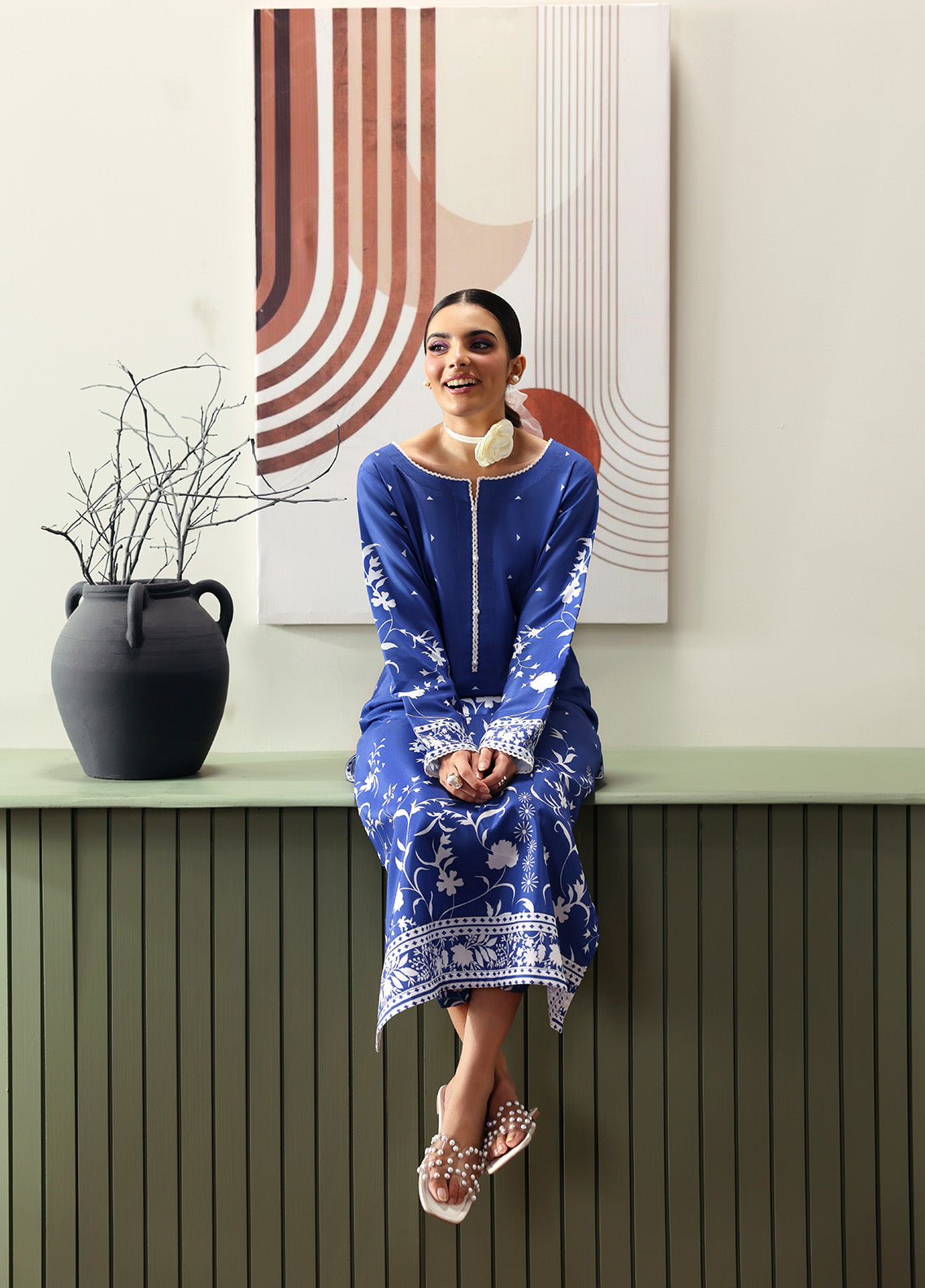 Model wearing Liyanah from Gulaal in a cobalt blue co-ord set with white floral print, perfect for Pakistani luxury pret and casual wear in the UK.
