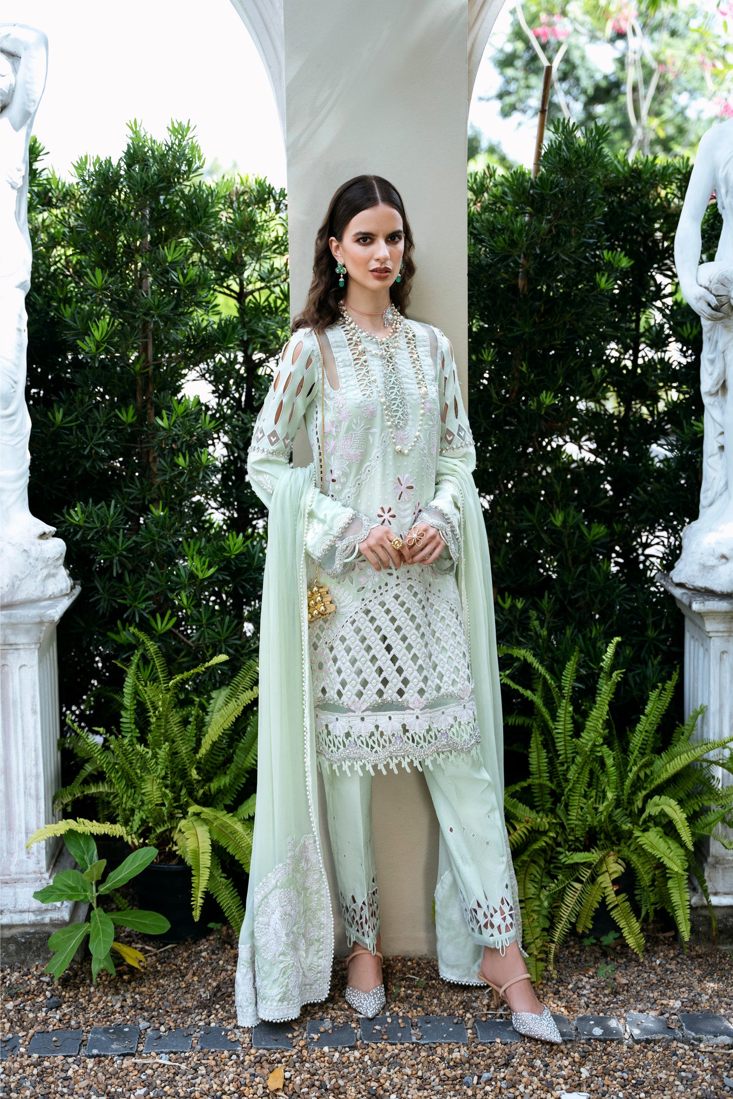Model wearing Rosina from Mysie by Tahira in soft mint green, perfect for Pakistani luxury pret in UK.