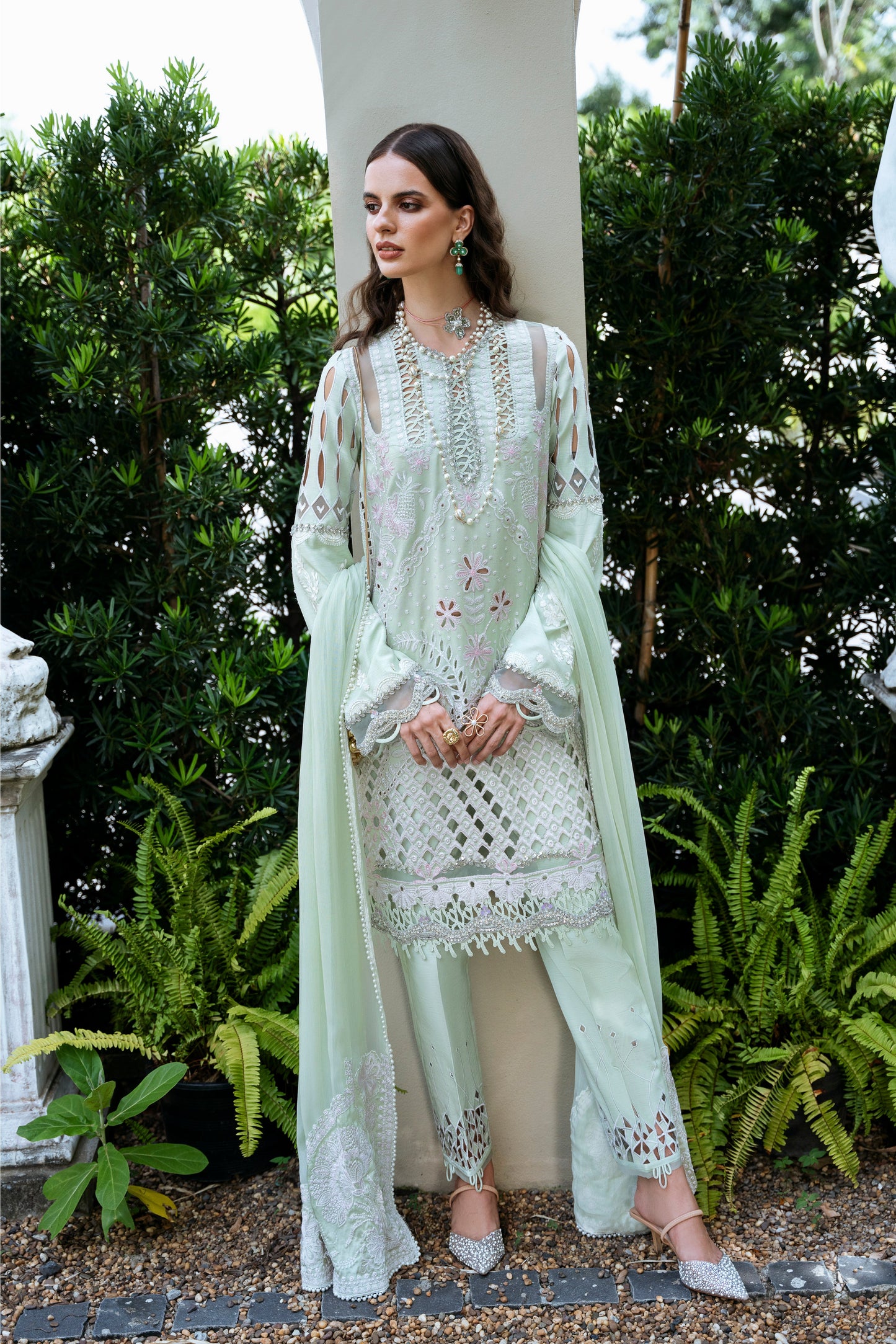 Model wearing Rosina from Mysie by Tahira in soft mint green, perfect for Pakistani luxury pret in UK.