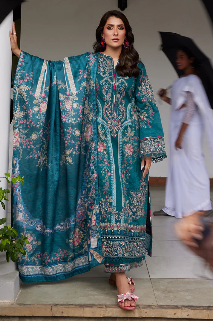 Model wearing Gulaal Saffira Lawn '25 Camila in teal blue with intricate embroidery and digital printed dupatta. Shop Pakistani luxury pret online in the UK.