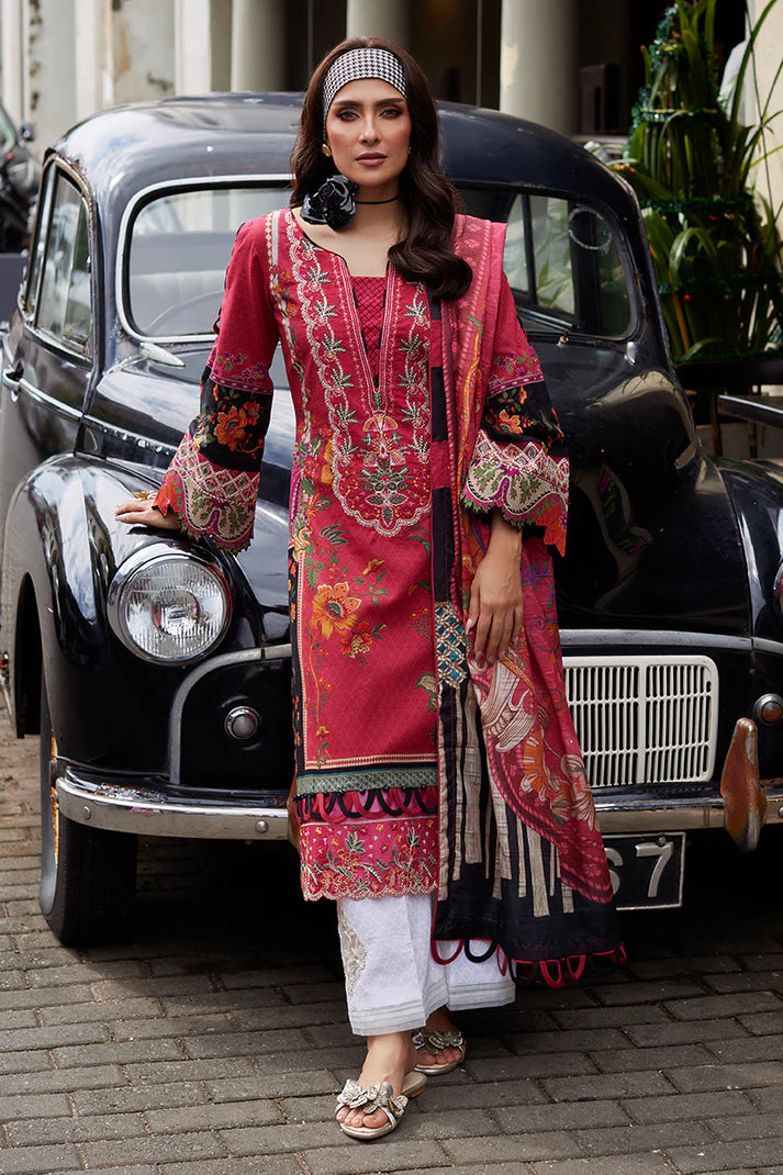 Model wearing Gulaal Saffira Lawn '25 Amelia in deep pink with intricate embroidery and printed dupatta. Shop Pakistani luxury pret online in the UK.