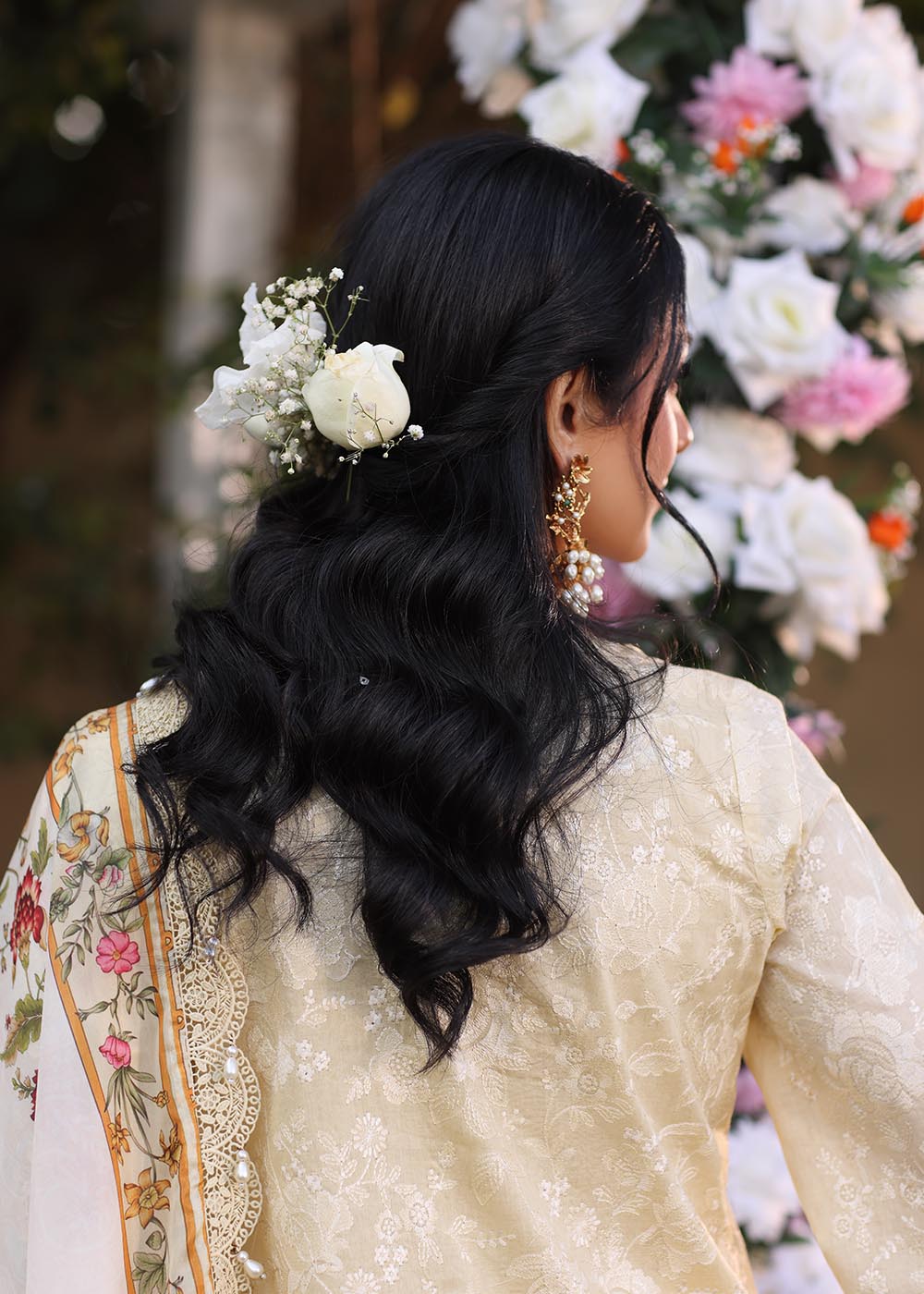 Model wearing beige embroidered dress with printed white dupatta from Musferah Saad Sunshine, Pakistani luxury pret online in UK.