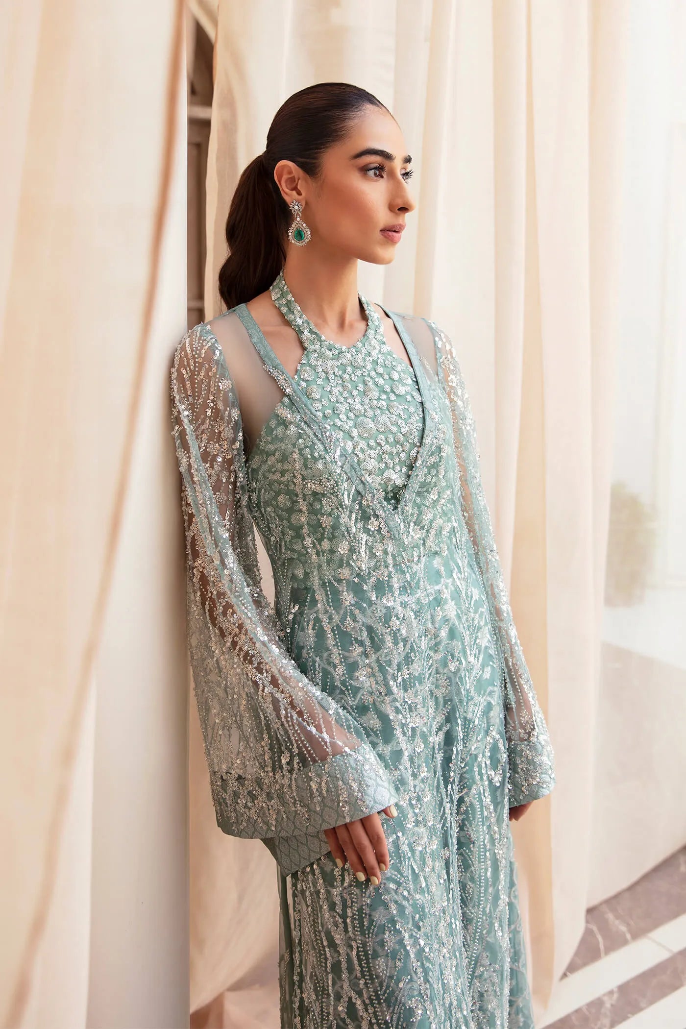 Model wearing Ethereal Embrace Shawl Collection's LUSTROUS LUMIÈRE , an equisite mold by Musferah Saad UK, Pakistani Clothes UK.