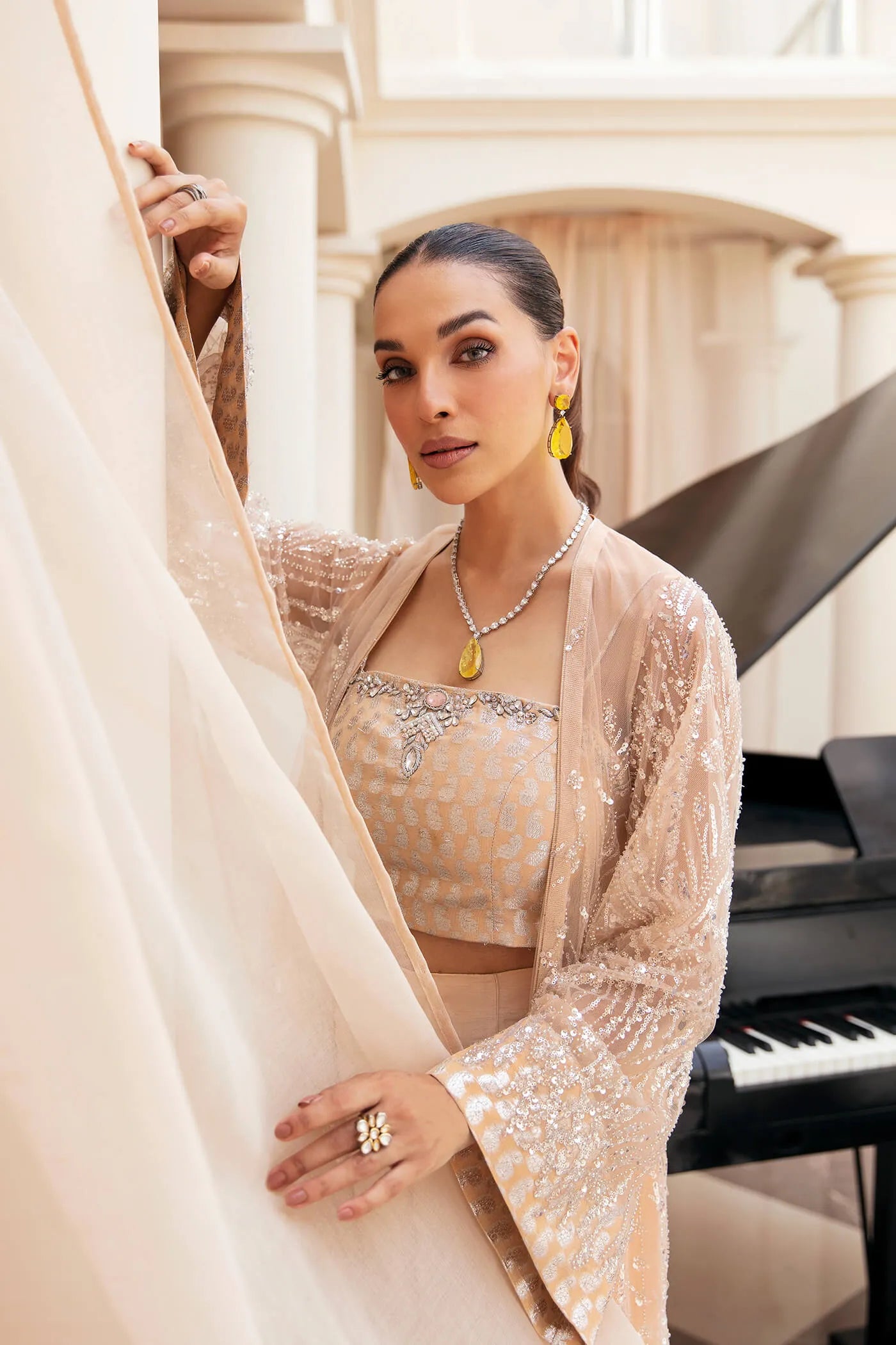 Model wearing Symphony's OPULENT WHISPER, an equisite mold by Musferah Saad UK, Pakistani Clothes UK.
