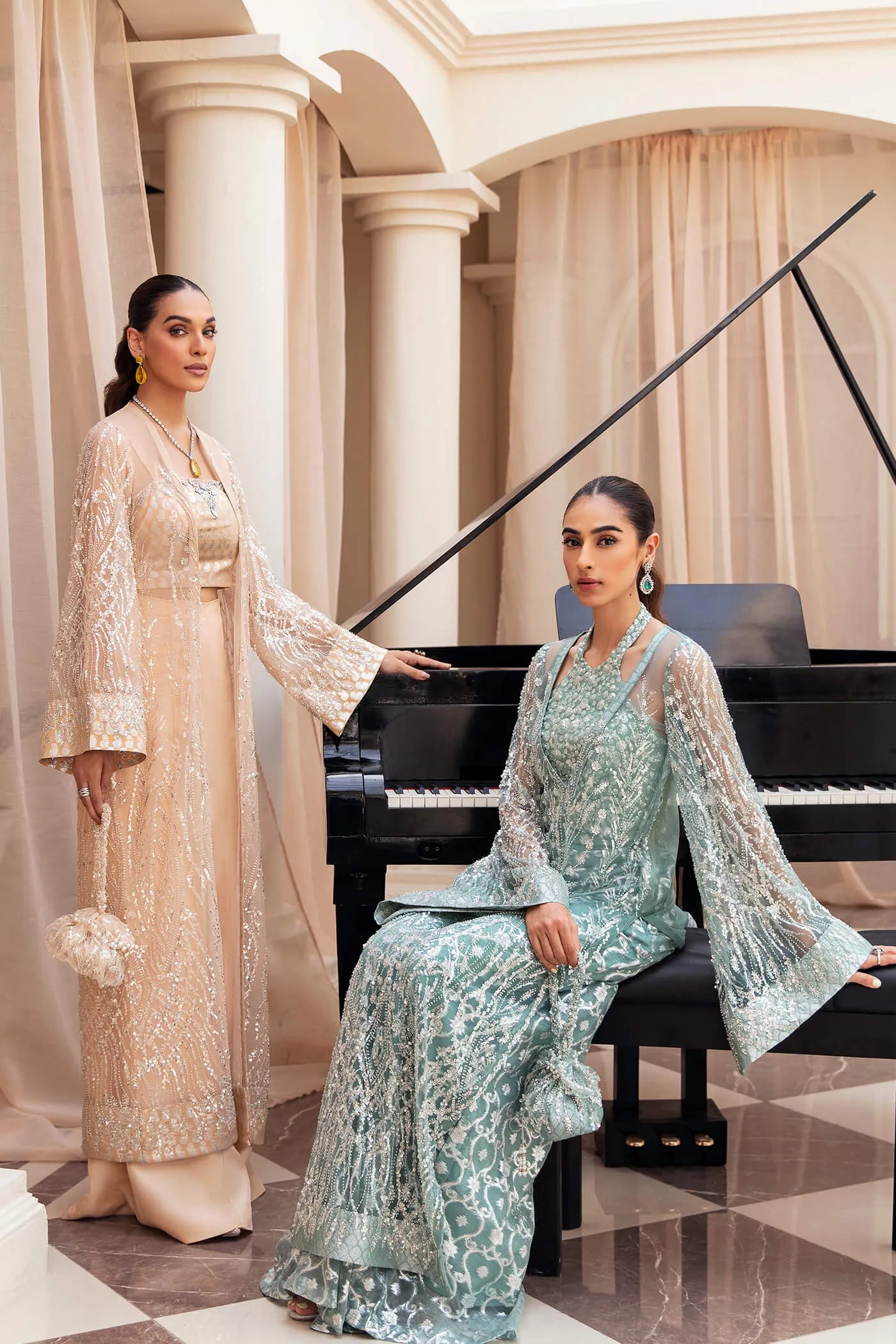 Model wearing Symphony's OPULENT WHISPER, an equisite mold by Musferah Saad UK, Pakistani Clothes UK.