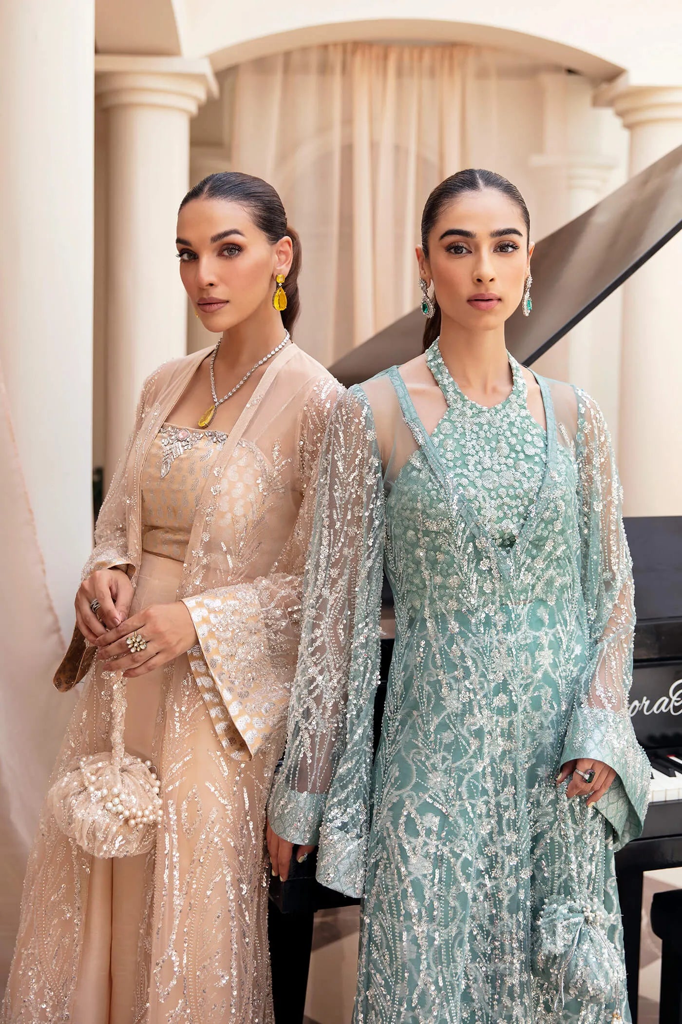 Model wearing Symphony's OPULENT WHISPER, an equisite mold by Musferah Saad UK, Pakistani Clothes UK.